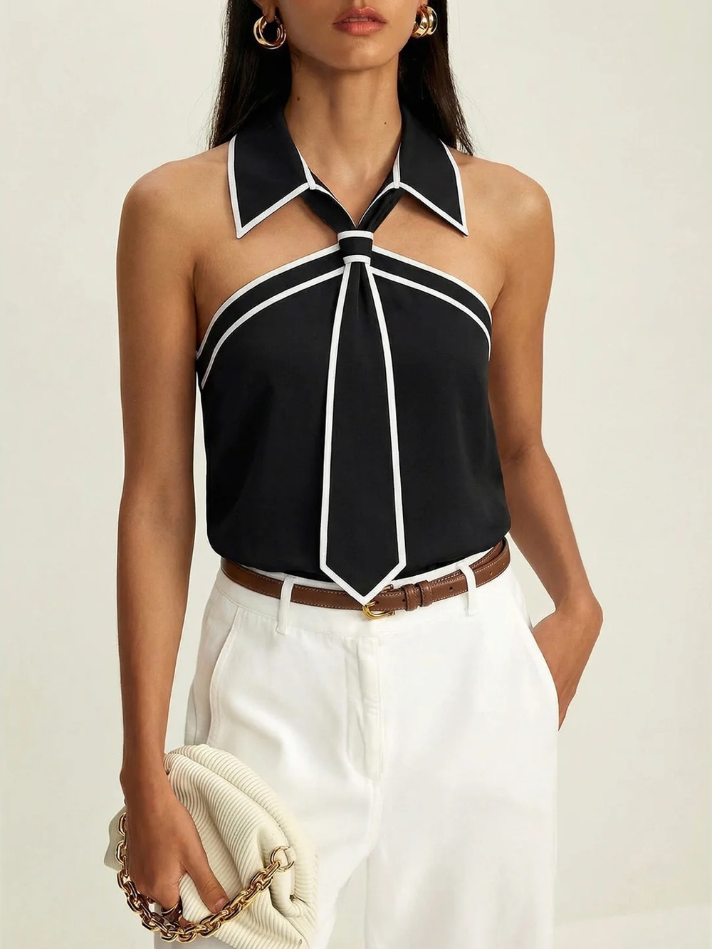207 Tie Detail Contrast Piping Sleeveless Blouse